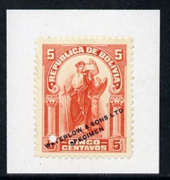 Bolivia 1920 Justice 5c colour trial in orange affixed to small piece overprinted Waterlow & Sons Ltd, Specimen with small security puncture, stamps on legal, stamps on  law , stamps on 