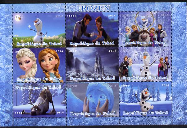 Chad 2014 Walt Disney's Frozen perf sheetlet containing 9 values unmounted mint, stamps on disney, stamps on films, stamps on cinema, stamps on movies, stamps on cartoons, stamps on  3d , stamps on 