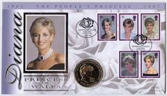 Great Britain 1999 Benham illustrated coin cover for Princess Diana bearing full set 1997 commemoratives with special Kensington Palace Gardens handstamp.  Also includes ..., stamps on royalty, stamps on diana