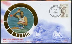 United States 1996 Benham silk cover commemorating Steve Redgrave World Rowing Champion with Atlanta Cancel, stamps on sport, stamps on olympics, stamps on rowing