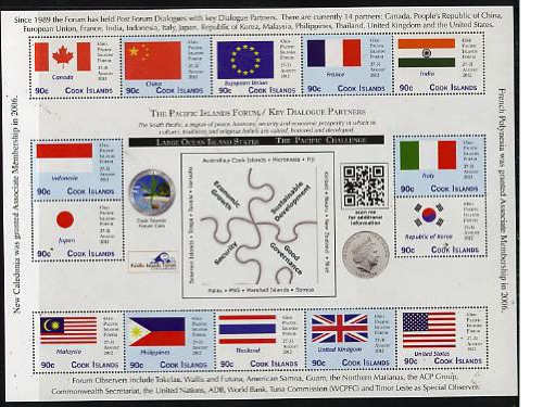 Cook Islands 2012 43rd Pacific Islands Forum - Key Dialogue Partners sheetlet containing 16 values unmounted mint, stamps on flags, stamps on constitutions