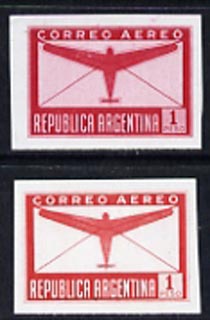 Argentine Republic 1940 Aeroplane & Envelope 1p two imperf proofs in red with & without background shading, as SG 691, stamps on aviation