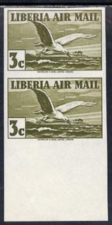 Liberia 1938 Tern 3c olive-green imperf pair unmounted mint, SG 567a, stamps on birds