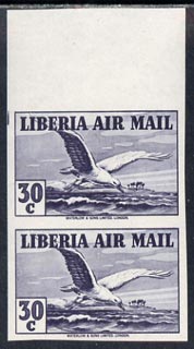 Liberia 1938 Tern 30c grey imperf pair unmounted mint, SG 572a, stamps on birds