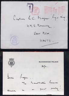 Great Britain 1974 cover and letter from Buckingham Palace with E2R on front in violet, reference to Mountbatten Reunion and signed William (probably Lt Com W B Willett O..., stamps on royalty