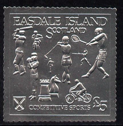 Easdale 1991 Competitive Sport #1 Â£5 embossed in silver foil (with border showing Golf, Cricket, Tennis, Scrambling, Bowls, Fencing, Cycling & Chess) unmounted mint, stamps on sport, stamps on bicycles, stamps on chess, stamps on cricket, stamps on fencing, stamps on golf, stamps on tennis, stamps on bowls, stamps on motorbikes, stamps on football