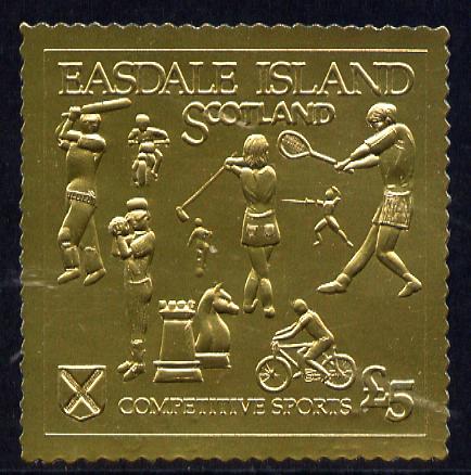 Easdale 1991 Competitive Sport #1 \A35 embossed in gold foil (with border showing Golf, Cricket, Tennis, Scrambling, Bowls, Fencing, Cycling & Chess) unmounted mint, stamps on sport, stamps on bicycles, stamps on chess, stamps on cricket, stamps on fencing, stamps on golf, stamps on tennis, stamps on bowls, stamps on motorbikes, stamps on football