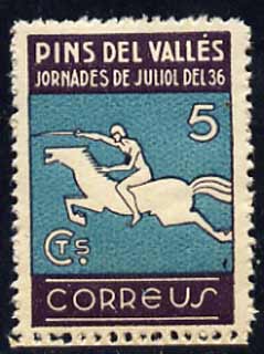 Cinderella - 1936 perf 5c label inscribed Pins Del Valles showing rider on horse unmounted mint, stamps on horses