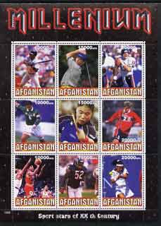 Afghanistan 1999 Millennium - Sport Stars of the 20th Century perf sheetlet containing 9 values unmounted mint, stamps on millennium, stamps on personalities, stamps on sport, stamps on golf, stamps on baseball, stamps on football, stamps on table tennis, stamps on basketball, stamps on tennis