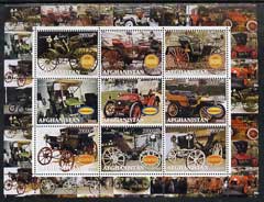 Afghanistan 2000 Early Cars #3 (Benz & Wolseley) perf sheetlet containing set of 9 values unmounted mint, stamps on cars, stamps on benz, stamps on wolseley