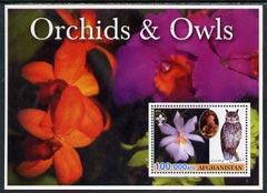 Afghanistan 2003 Orchids & Owls (with baden Powell) perf souvenir sheet unmounted mint, stamps on flowers, stamps on orchids, stamps on birds, stamps on scouts, stamps on birds of prey, stamps on 