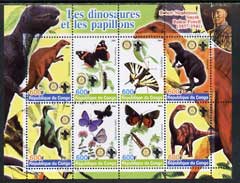 Congo 2004 Dinosaurs & Butterflies perf sheetlet containing 8 values (each with Rotary & Scout Logos) unmounted mint, stamps on dinosaurs, stamps on butterflies, stamps on rotary, stamps on scouts