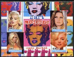 Comoro Islands 2004 Actresses with Andy Warhol Art in background perf sheetlet containing 4 values unmounted mint, stamps on films, stamps on cinema, stamps on entertainments, stamps on women, stamps on marilyn monroe, stamps on personalities, stamps on arts