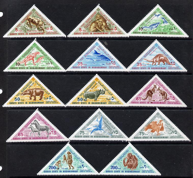 Aden - Quaiti 1968 Animals (Past & Present) triangular set of 14 unmounted mint (Mi 177-90A) , stamps on animals    dinosaurs     triangulars, stamps on saber tooth