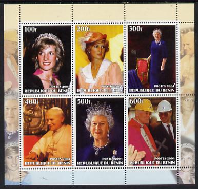Benin 2004 Diana, The Pope & The Queen perf sheetlet containing 6 values unmounted mint, stamps on royalty, stamps on diana, stamps on pope, stamps on religion, stamps on personalities