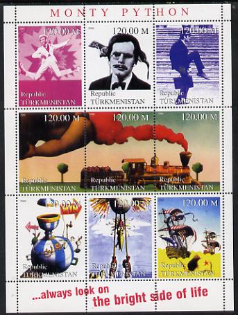 Turkmenistan 2000 Monty Python perf sheetlet containing 9 values unmounted mint. Note this item is privately produced and is offered purely on its thematic appeal, stamps on , stamps on  tv , stamps on comedy, stamps on ships, stamps on railways, stamps on 