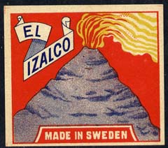 Match Box Labels - El Izalco (Volcano - red background) label in very fine unused condition (Swedish), stamps on volcanoes