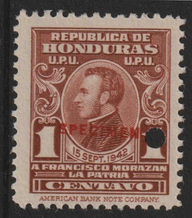 Honduras 1941 Obligatory Tax - General Morazan 1c red-brown optd SPECIMEN with security punch hole (ex ABN Co archives) unmounted mint as SG 408*, stamps on , stamps on  stamps on honduras 1941 obligatory tax - general morazan 1c red-brown optd specimen with security punch hole (ex abn co archives) unmounted mint as sg 408*