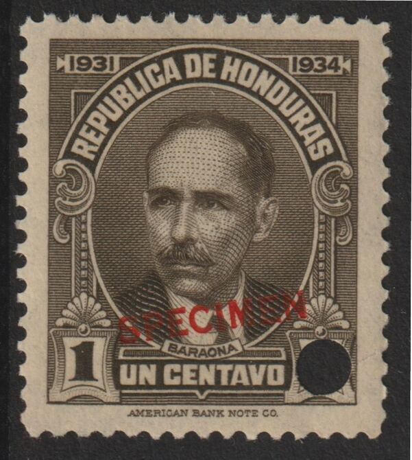Honduras 1931 Pres Baraona 1c sepia optd SPECIMEN (13mm x 2mm) with security punch hole (ex ABN Co archives) unmounted mint as SG 319*, stamps on 