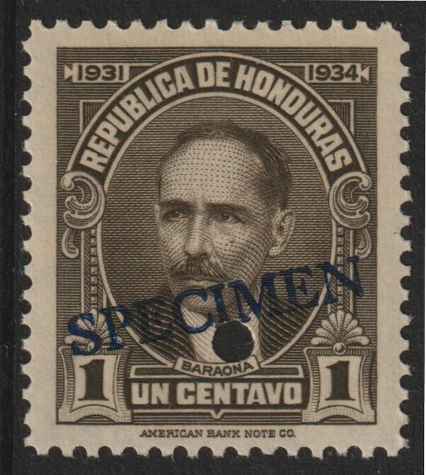 Honduras 1931 Pres Baraona 1c sepia optd SPECIMEN (20mm x 3mm) with security punch hole (ex ABN Co archives) unmounted mint as SG 319, stamps on 