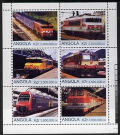 Angola 2000 Modern Trains #01 perf sheetlet containing set of 6 unmounted mint, stamps on railways