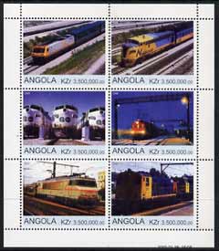 Angola 2000 Modern Trains #04 perf sheetlet containing set of 6 unmounted mint, stamps on railways