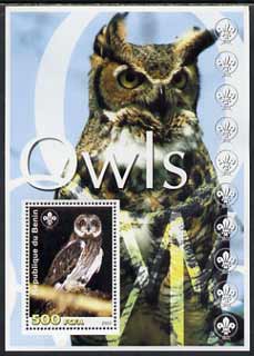 Benin 2003 Owls perf m/sheet with Scout Logo unmounted mint, stamps on , stamps on  stamps on birds, stamps on  stamps on birds of prey, stamps on  stamps on owls, stamps on  stamps on scouts