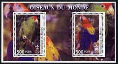 Benin 2002 Parrots perf m/sheet containing 2 values each with Scout Logo, unmounted mint, stamps on , stamps on  stamps on birds, stamps on  stamps on parrots, stamps on  stamps on scouts