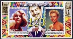Benin 2002 Birth Centenary of Walt Disney featuring Marilyn Monroe perf m/sheet containing 2 values unmounted mint, stamps on films, stamps on cinema, stamps on entertainments, stamps on disney, stamps on marilyn monroe