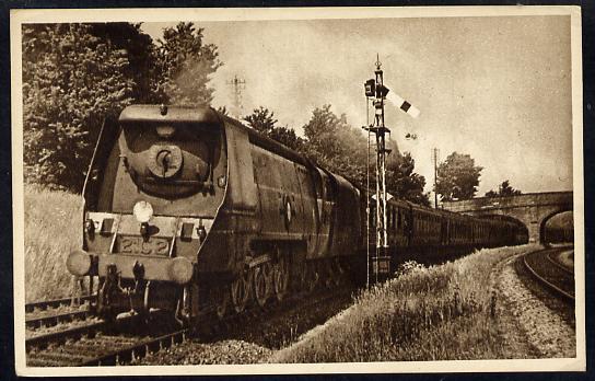 Postcard by Ian Allan - SR up Atlantic Coast Express headed by Merchant Navy Class 4-6-2 No.21C2 Union Castle, sepia, unused and in good condition, stamps on railways, stamps on castles