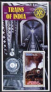 Somalia 2002 Trains of India #2 (2-6-4 Class) perf s/sheet with Rotary Logo in background, unmounted mint, stamps on railways, stamps on rotary, stamps on bridges