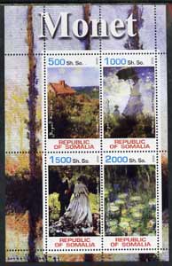 Somalia 2002 Monet Paintings perf sheetlet containing 4 values, unmounted mint, stamps on arts, stamps on monet