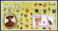 Somalia 2002 Domestic Cats of the World perf s/sheet #08 with Scout Logo & Baden Powell in background, unmounted mint, stamps on cats, stamps on scouts