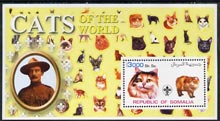 Somalia 2002 Domestic Cats of the World perf s/sheet #09 with Scout Logo & Baden Powell in background, unmounted mint, stamps on , stamps on  stamps on cats, stamps on  stamps on scouts