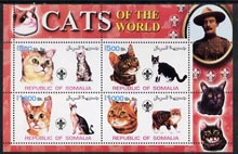 Somalia 2002 Domestic Cats of the World perf sheetlet #04 containing 4 values each with Scout Logo, unmounted mint, stamps on cats, stamps on scouts