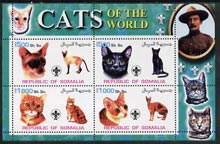 Somalia 2002 Domestic Cats of the World perf sheetlet #10 containing 4 values each with Scout Logo, unmounted mint, stamps on cats, stamps on scouts