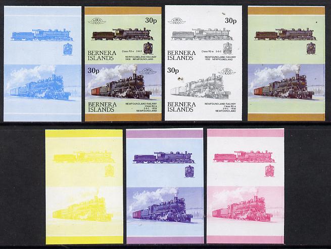 Bernera 1984 Locomotives #3 (30p Newfoundland Railway) set of 7 se-tenant progressive proof pairs comprising the 4 individual colours and 2, 3 and all 4 colour composites (7 proof pairs) unmounted mint*, stamps on railways