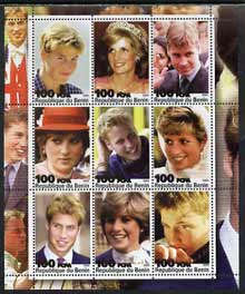 Benin 2003 Princess Diana & Prince William small perf sheetlet containing set of 9 values unmounted mint, stamps on , stamps on  stamps on diana, stamps on  stamps on royalty, stamps on  stamps on william
