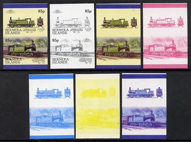 Bernera 1984 Locomotives #3 (85p L&SW Railway Class M7) set of 7 se-tenant progressive proof pairs comprising the 4 individual colours and 2, 3 and all 4 colour composite..., stamps on railways
