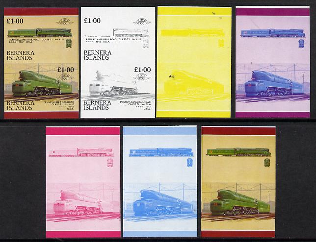 Bernera 1984 Locomotives #3 (£1 Pennsylvanian Railway Class T1) set of 7 se-tenant progressive proof pairs comprising the 4 individual colours and 2, 3 and all 4 colour ..., stamps on railways