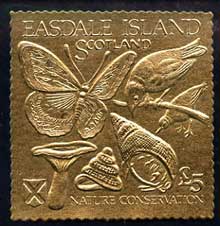 Easdale 1991 Nature Conservation \A35 embossed in gold foil (Butterfly, Birds, Mushroom & Shells) unmounted mint, stamps on butterflies, stamps on birds, stamps on fungi, stamps on shells, stamps on 