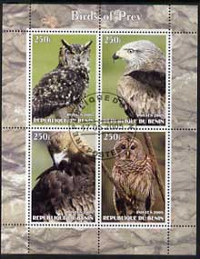 Benin 2005 Birds of Prey perf sheetlet containing 4 values cto used, stamps on birds, stamps on birds of prey, stamps on owls