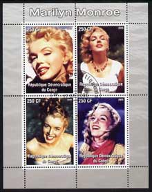 Congo 2005 Marilyn Monroe perf sheetlet #02 containing 4 values fine cto used, stamps on films, stamps on cinema, stamps on entertainments, stamps on women, stamps on personalities, stamps on marilyn, stamps on monroe