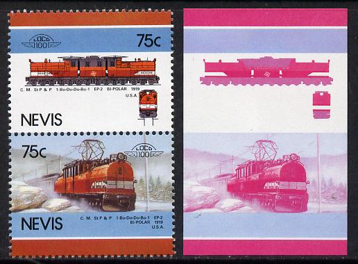 Nevis 1986 Locomotives #5 (Leaders of the World) Bi-Polar Loco (SG 354-5) 75c unmounted mint se-tenant imperf progressive proof pair in magenta & blue plus normal issued pair, stamps on railways