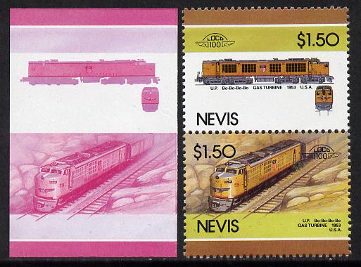 Nevis 1986 Locomotives #5 (Leaders of the World) Union Pacific Gas Turbine Loco (SG 356-7) $1.50 unmounted mint se-tenant imperf progressive proof pair in magenta & blue plus normal issued pair, stamps on , stamps on  stamps on railways