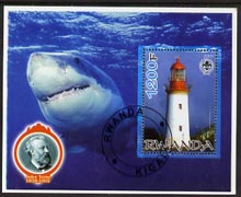 Rwanda 2005 Lighthouses perf m/sheet #03 with Scout Logo, background shows Shark & Jules Verne, fine cto used, stamps on lighthouses, stamps on scouts, stamps on personalities, stamps on fish, stamps on literature, stamps on sci-fi