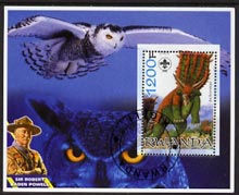 Rwanda 2005 Dinosaurs perf m/sheet #02 with Scout Logo, background shows Owl & Baden Powell, fine cto used, stamps on , stamps on  stamps on scouts, stamps on  stamps on personalities, stamps on  stamps on dinosaurs, stamps on  stamps on owls, stamps on  stamps on birds of prey, stamps on  stamps on birds