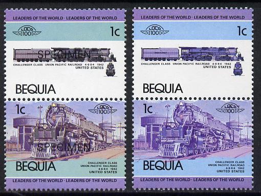 St Vincent - Bequia 1984 Locomotives #1 (Leaders of the World) 1c (Challenger Class) unmounted mint se-tenant pair with yellow omitted with matched 'normal' overprinted SPECIMEN, stamps on railways, stamps on big locos