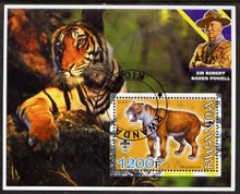 Rwanda 2005 Dinosaurs (Sabre Tooth Tiger) perf m/sheet #04 with Scout Logo, background shows Tiger & Baden Powell, fine cto used, stamps on , stamps on  stamps on scouts, stamps on  stamps on personalities, stamps on  stamps on dinosaurs, stamps on  stamps on cats, stamps on  stamps on tigers, stamps on  stamps on dental