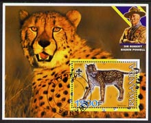 Rwanda 2005 Dinosaurs (False Sabre Tooth Tiger) perf m/sheet #05 with Scout Logo, background shows Cheetah & Baden Powell, fine cto used, stamps on scouts, stamps on personalities, stamps on dinosaurs, stamps on cats, stamps on tigers, stamps on dental